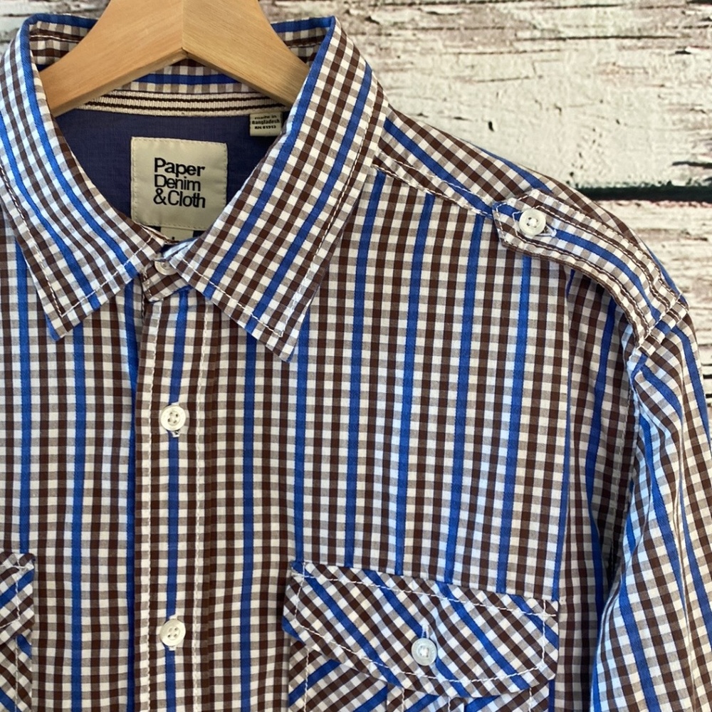 Paper Denim & Cloth Navy, White and Brown Men’s Shirt, Size Large